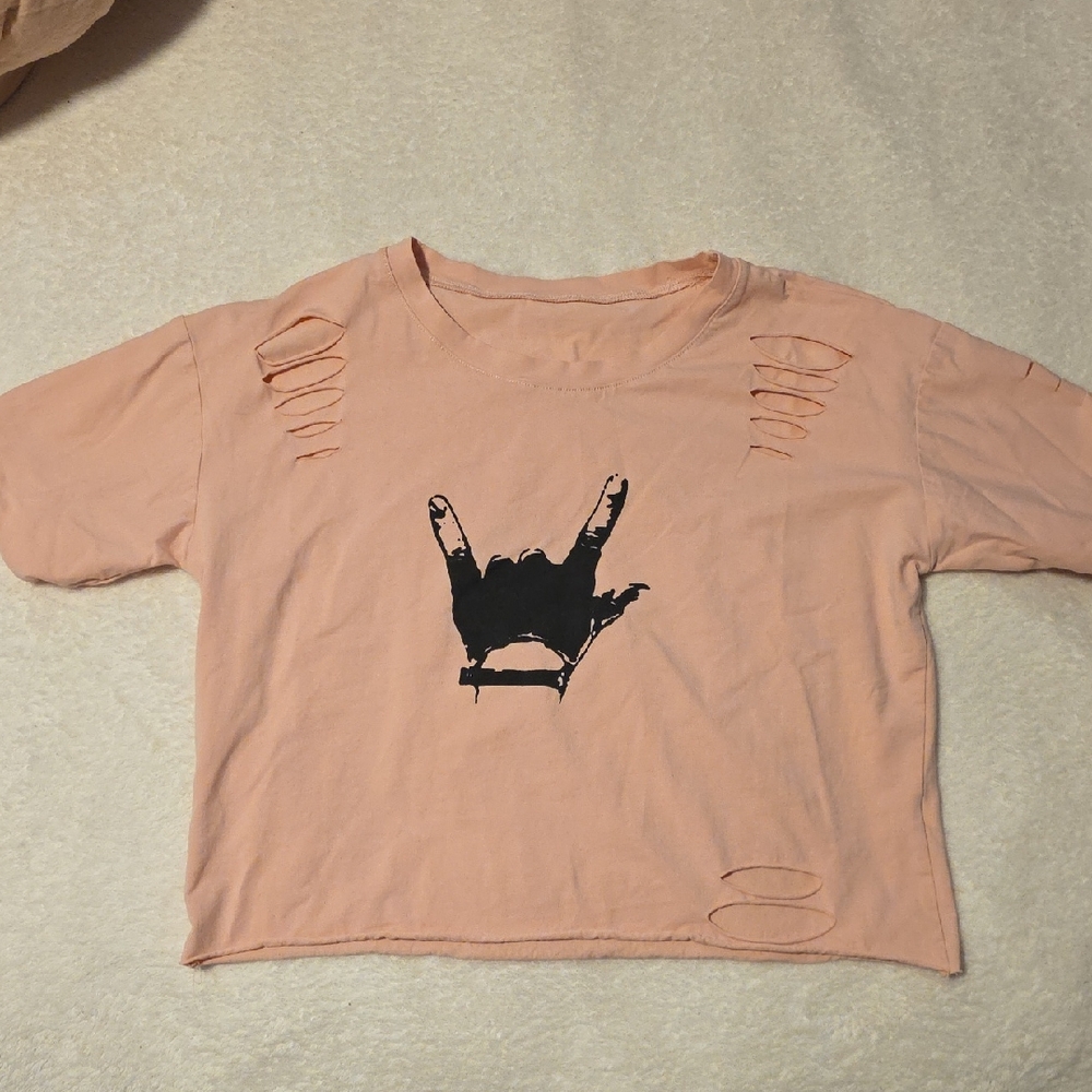 SHEIN Peach Distressed Crop Top with Rock Hand Graphic